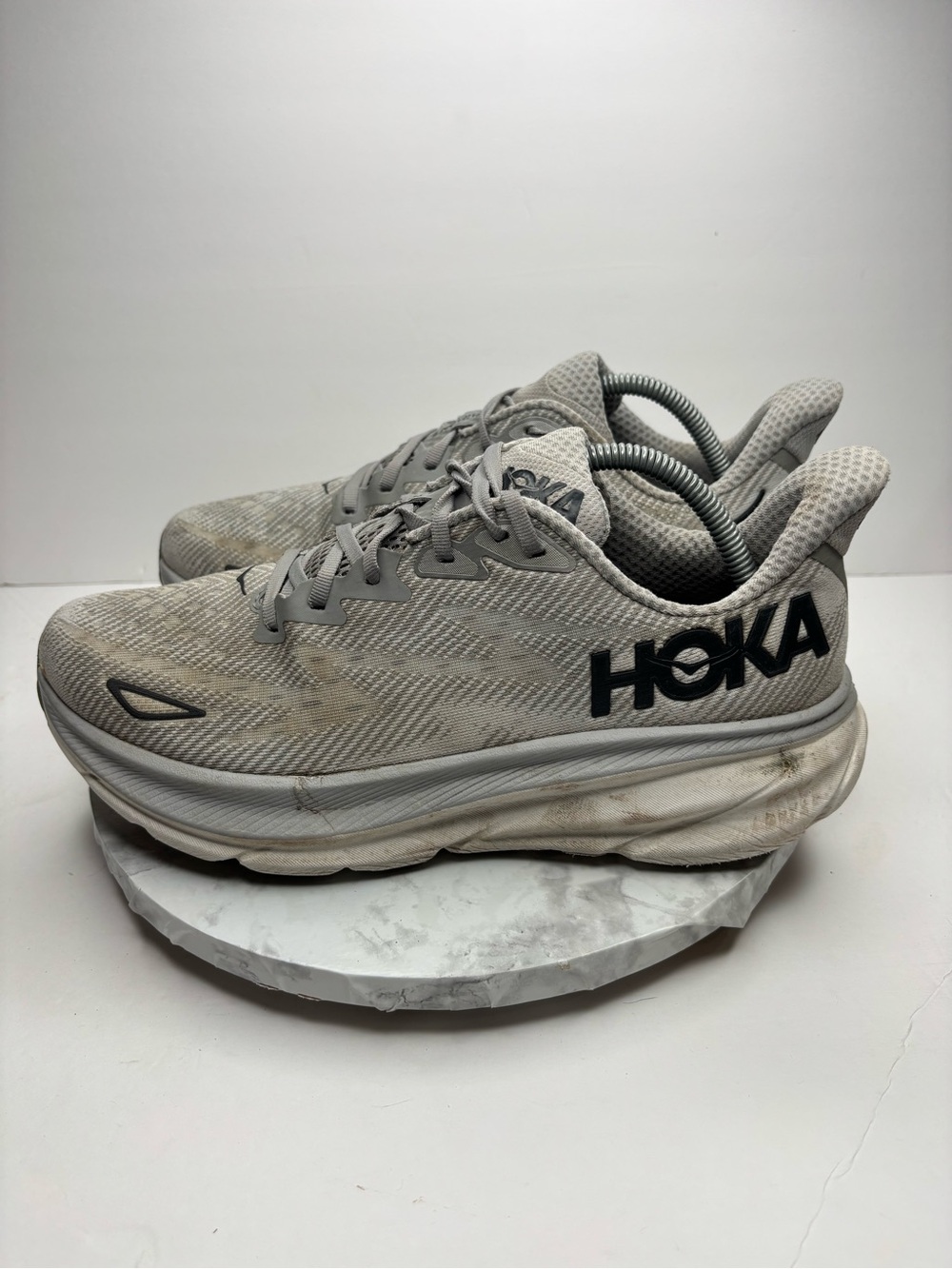 Size 10.5D-HOKA Clifton 9 running shoes in the Harbor Mist and black